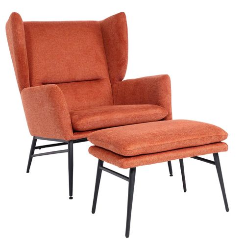 4057651539331 - Lounge-Sessel mit Ottomane MCW-L62 Ohrensessel Polstersessel Cocktailsessel Hocker Stoff Textil ~ terracotta-braun