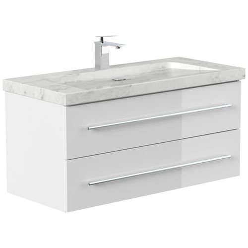 4251982676820 - Badmöbel Marmor Carrara White YAMO 100 cm 1 Hahnloch SoftClose weiß hochglanz