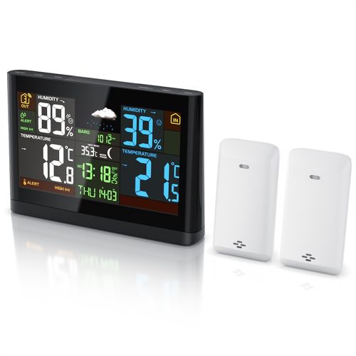 4062861835296 - Wetterstation Funk Farbdisplay 2 Außensensoren Netzteil Hygrometer Wecker mit Snooze DCF-Signal Innen- & Außentemperatur