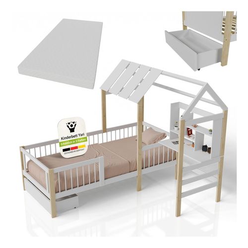 4262437185491 - Kinderbett Yari 90x200 cm - Integrierter Schreibtisch Praktische Schublade - weiß natur