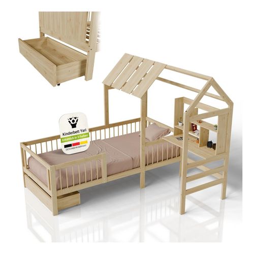 4262437185477 - Kinderbett Yari - Integrierter Schreibtisch Schublade Pflegeleicht 150 kg belastbar - natur