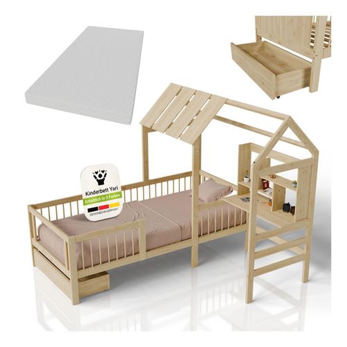 4262437185507 - Kinderbett Yari 90x200 cm - Integrierter Schreibtisch Praktische Schublade - natur
