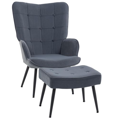 4255633538291 - Relaxsessel mit Stahlbeinen und Hocker grau (Farbe dunkelgrau)
