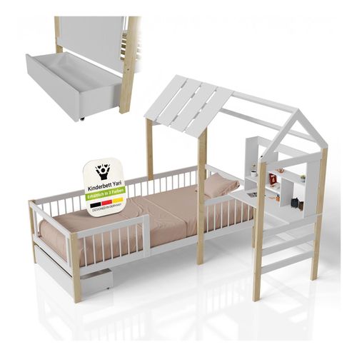 4262437185460 - Kinderbett Yari - Integrierter Schreibtisch Schublade Pflegeleicht 150 kg belastbar - weiß natur