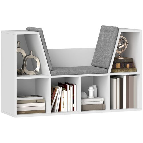 4255633589934 - Bücherregal mit Sitzkissen Aufbewahrungsregal mit 6 Fächern Leinenoptik Weiß