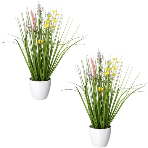 4064118968610 - Kunstgras CREATIV GREEN Blüten-Gras-Mix Kunstpflanzen Gr Ø H 10 cm x 41 cm 2 St bunt Kunst-Gräser in weißer Kunststoffschale