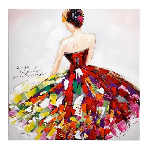 9009852252187 - Monee Ölgemälde Dame mit buntem Kleid  Mehrfarbig  Holz Textil  Tanne  massiv  rechteckig  60x60 cm  handgemalt Keilrahmen  Bilder und