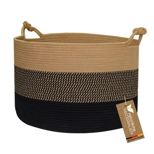 4010537391423 - HMF Aufbewahrungskorb mit Glücksknoten-Griffen großer Korb aus Baumwolle 50 x 33 cm Schwarz-Honig 4010537391423 - HMF Aufbewahrungskorb mit Glücksknoten-Griffen großer Korb aus Baumwolle 50 x 33 cm Schwarz-Honig