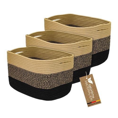 4010537391027 - HMF Aufbewahrungskorb mit versteckten Griffen 3er Set Korb aus Baumwolle 375 x 25 x 225 cm Schwarz-Honig