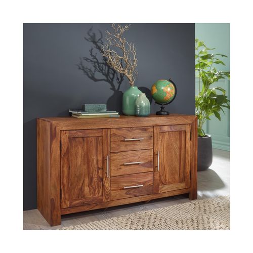 4250950201842 - Sideboard Massivholz Sheesham Kommode 118 cm 3 Schubladen 2 Türen Design Highboard Landhaus-Stil braun natur - Finebuy