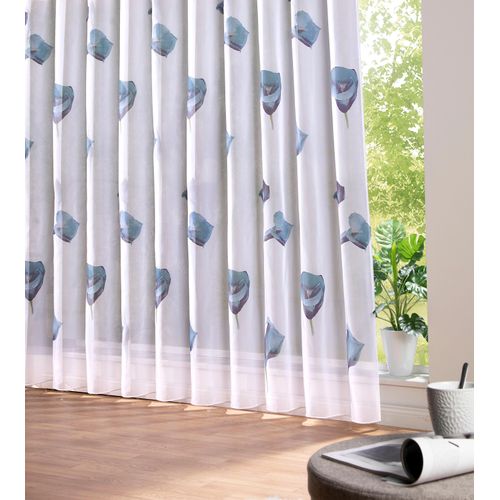 4005385834895 - Gardine WECKBRODT Calla Gr 2 blau (blau weiß) B250cm H245cm Polyester Gardinen Voile bedruckt floral geblümt halbtransparent Beschwerungsband
