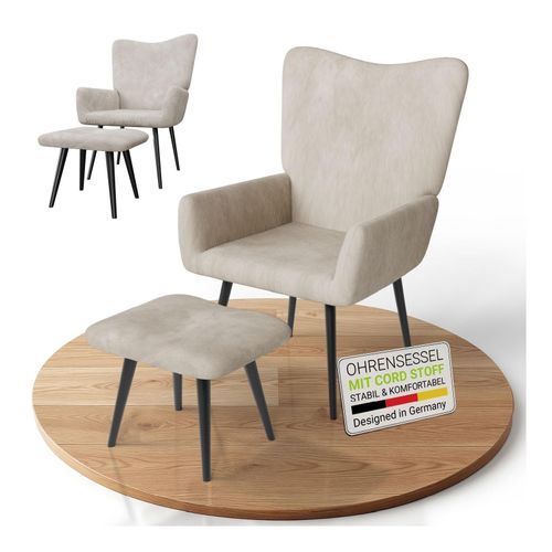 4262437185699 - Ohrensessel Odense inkl Hocker Relaxsessel mit Cord & Stahlgestell – Beige