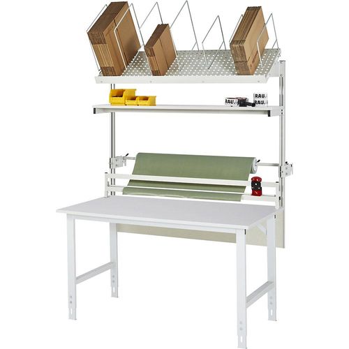 4040376547491 - Packtisch komplett manuell höhenverstellbar Set 2 mit Etagenbord Schneidgerät Abrolleinheit BxT 1500 x 800 mm Melaminplatte 4040376547491 - Packtisch komplett manuell höhenverstellbar Set 2 mit Etagenbord Schneidgerät Abrolleinheit BxT 1500 x 800 mm Melaminplatte