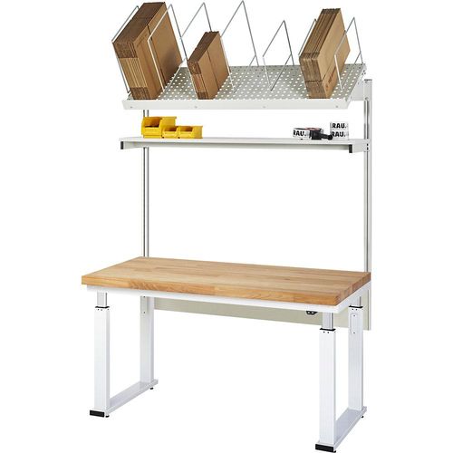 4040376547590 - Packtisch komplett 600 elektrisch höhenverstellbar Set 1 mit Etagenbord BxT 1500 x 700 mm Buchenplatte
