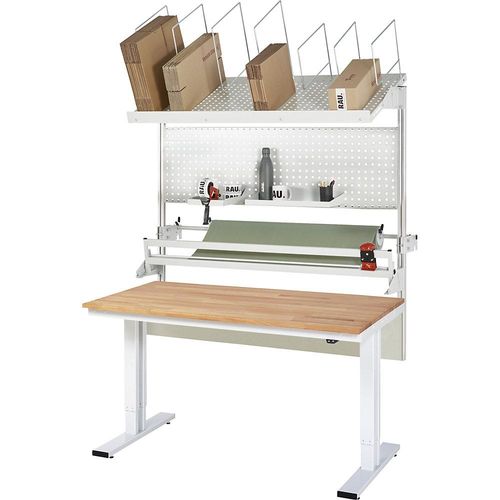 4040376548115 - Packtisch komplett 300 elektrisch höhenverstellbar Set 3 mit Lochplatte Schneidgerät Abrolleinheit BxT 1500 x 800 mm Buchenplatte