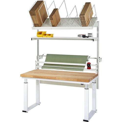 4040376547613 - Packtisch komplett 600 elektrisch höhenverstellbar Set 2 mit Etagenbord Schneidgerät Abrolleinheit BxT 1500 x 700 mm Buchenplatte