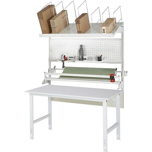 4040376547514 - Packtisch komplett manuell höhenverstellbar Set 3 mit Lochplatte Schneidgerät Abrolleinheit BxT 1500 x 800 mm Melaminplatte 4040376547514 - Packtisch komplett manuell höhenverstellbar Set 3 mit Lochplatte Schneidgerät Abrolleinheit BxT 1500 x 800 mm Melaminplatte