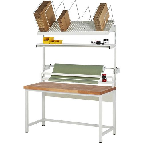 4040376546883 - Packtisch komplett Serie 8000 Set 2 mit Etagenbord Schneidgerät Abrolleinheit BxT 1500 x 700 mm Buchenplatte 4040376546883 - Packtisch komplett Serie 8000 Set 2 mit Etagenbord Schneidgerät Abrolleinheit BxT 1500 x 700 mm Buchenplatte