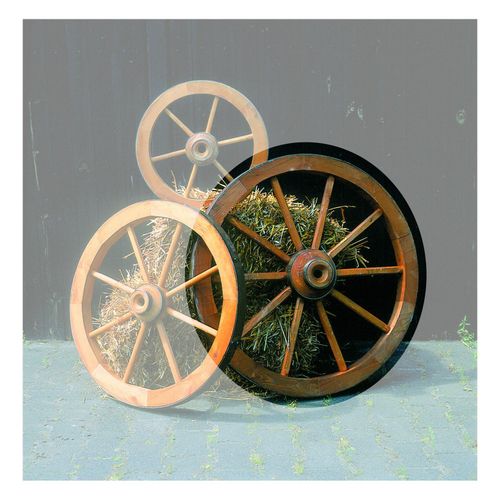 4012379035039 - Gartenfigur PROMADINO Wagenrad Gartenfiguren Gr B H L 90 cm x 90 cm x 22 cm gelb (honigfarben) Gartenfiguren BxLxH 90x22x90 cm
