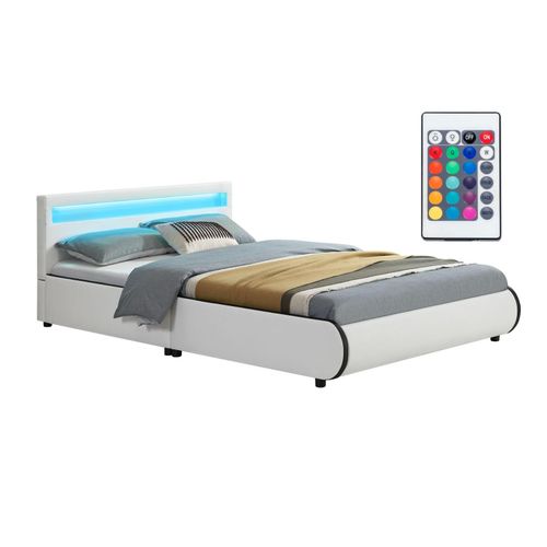 4260304767825 - Polsterbett Sevilla – Bettgestell mit Lattenrost & LED Beleuchtung im Kopfteil – Kunstleder & Holz – Bett Jugendbett - 140 x 200 cm - weiß