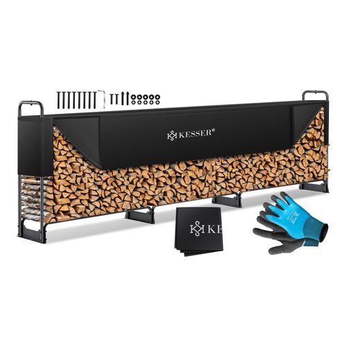 4255598310949 - KESSER® Kaminholzregal Metall Brennholzregal außen Stahlrahmen + Abdeckung & Handschuhe Kaminholzunterstand 200kg Wasserdichter Holzlager Holzstapelhilfe für Garten Terrasse