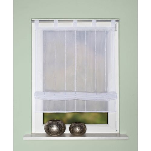 4056751479011 - Raffrollo HOME WOHNIDEEN ELLORA Gr 1 weiß B80cm H140cm Voile Obermaterial 100% Polyester Raffrollos Schlaufenrollo ELLORA mit Längsstreifen uEffektfransen