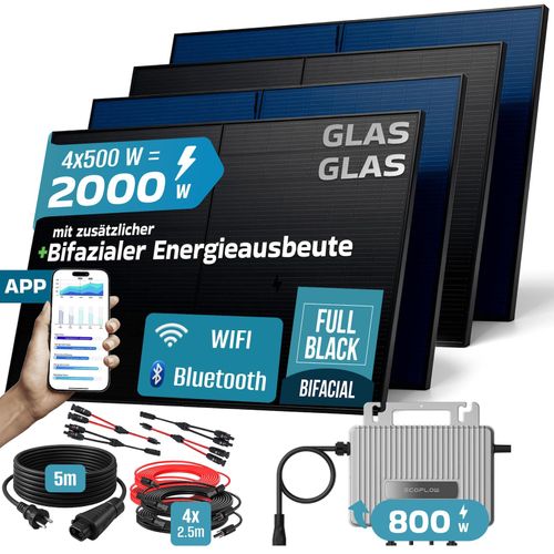 4255656236273 - SUNNIVA® 2000W Balkonkraftwerk BIFAZIAL FULLBLACK komplett Steckdose ECOFLOW 800 Watt Wechselrichter PV Solaranlage Komplettset 4x 500W N-Type Glas-Glas Bifacial Solarmodule 5m Kabel & 4x 25m Solarkabel