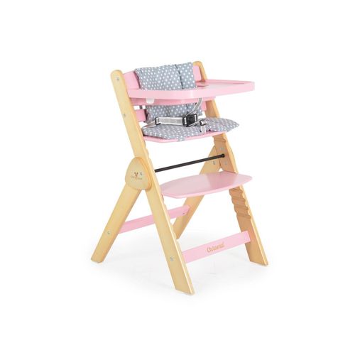 3801005152780 - Cangarro Kinderhochstuhl Caramel Holz Kissen klappbar Fußstütze 3-Punkt-Gurt rosa