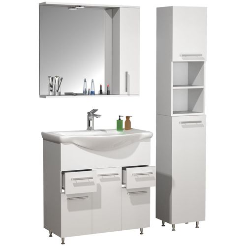 4051814427701 - 4-tlg Waschplatz Waschtisch Badmöbel Unterschrank 75 cm Set mit Waschbecken Spiegelschrank Hochschrank Schubladen und Drehtüren Komplett Lisalo XL