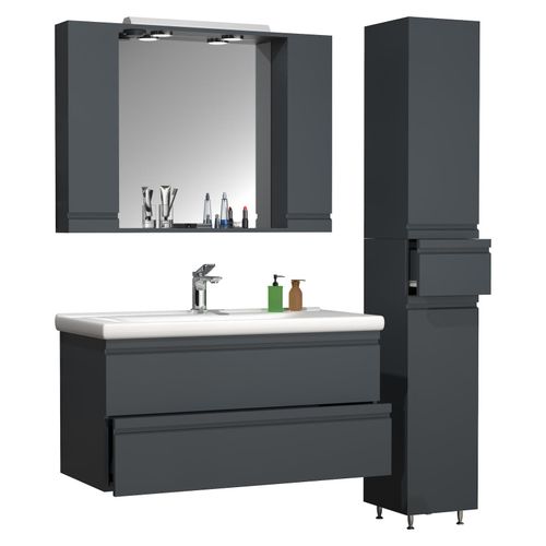 4051814427817 - 4-tlg Waschplatz Waschtisch 100 cm Badmöbel Set Waschbecken grifflose Schublade Spiegelschrank Hochschrank Silora XL