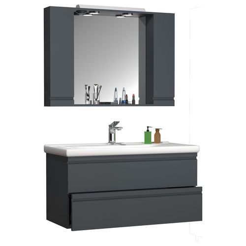 4051814427794 - 3-tlg Waschplatz Waschtisch Unterschrank 100 cm Badmöbel Set mit Waschbecken grifflose Schubladen Spiegelschrank Komplett Silora XL