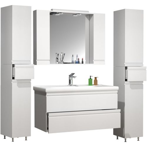 4051814427824 - 5-tlg Waschplatz Waschtisch Unterschrank 100 cm Badmöbel Set mit Waschbecken Spiegelschrank Hochschrank grifflose Schubladen Komplettset Silora XL