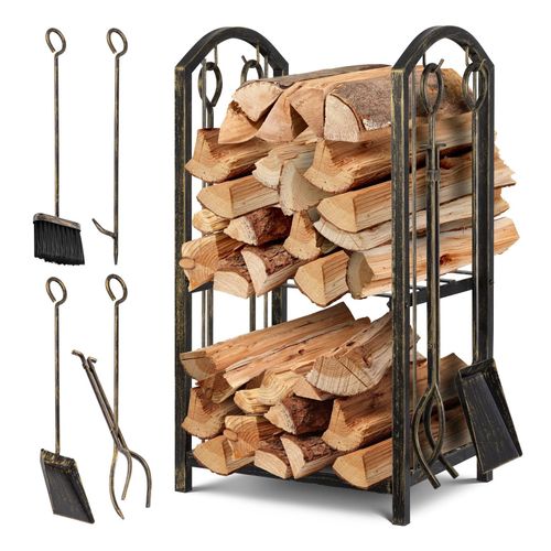 4255598324465 - KESSER® Kaminholzregal 5-teiliges Set Kaminholzständer Feuerholzablage Brennholzregal Innen und Aussen Metall 2 Ebenen mit 4 Kaminwerkzeug für Kamin & Ofen Stahl 40x30x745cm Verstellbar