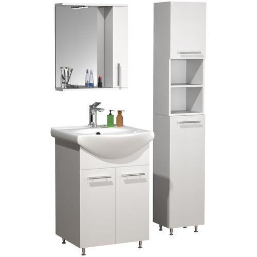 4051814427640 - 4-tlg Waschplatz Waschtisch Unterschrank 55 cm Badmöbel Set mit Waschbecken Spiegeschrank Hochschrank praktische Drehtüren Komplettset Lisalo M