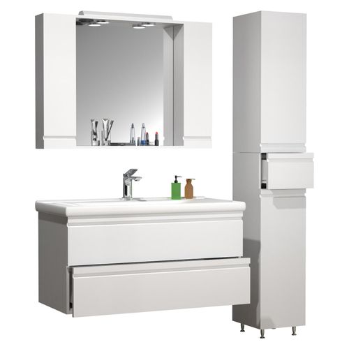 4051814427800 - 4-tlg Waschplatz Waschtisch 100 cm Badmöbel Set Waschbecken grifflose Schublade Spiegelschrank Hochschrank Silora XL