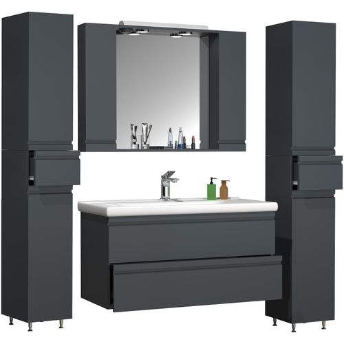 4051814427831 - 5-tlg Waschplatz Waschtisch Unterschrank 100 cm Badmöbel Set mit Waschbecken Spiegelschrank Hochschrank grifflose Schubladen Komplettset Silora XL
