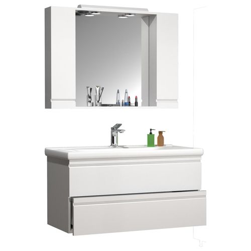 4051814427787 - 3-tlg Waschplatz Waschtisch Unterschrank 100 cm Badmöbel Set mit Waschbecken grifflose Schubladen Spiegelschrank Komplett Silora XL