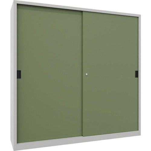 4055479266354 - Schiebetürenschrank Höhe 1950 mm Sichtfenstertüren BxT 2000 x 500 mm mit Trennwand und 2 x 4 Fachböden Tür enzianblau kaiserkraft