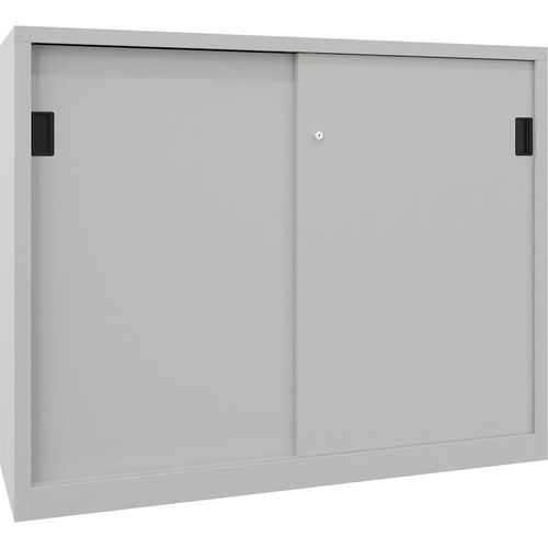 4055955112427 - Schwerlast-Schiebetürenschrank Höhe 1200 mm Vollblechtüren BxT 1500 x 600 mm mit Trennwand und 2 x 2 Fachböden Tür lichtgrau kaiserkraft