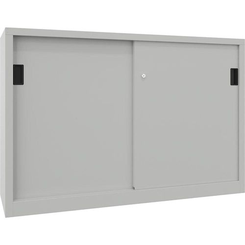 4055479207241 - Schiebetürenschrank Höhe 1000 mm Vollblechtüren BxT 1500 x 600 mm mit Trennwand und 2 x 2 Fachböden Tür lichtgrau kaiserkraft