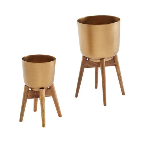 4255632517266 - Alu-und-Holz Pflanzenkübel Set in Gold Braun modern & elegant für stilvolle Inneneinrichtung