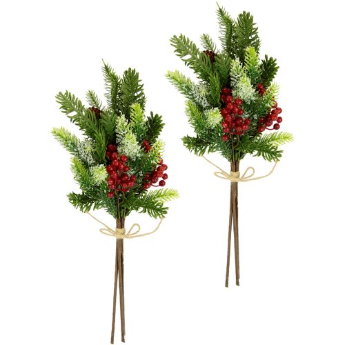 4019844793876 - Winterliche Kunstpflanze IGEA Kunstzweig Dekozweig aus Kunststoff Weihnachtsdeko bunt (grün rot) B18cm H40cm T10cm Kunststoff Kunstpflanzen mit echten Zapfen Beeren und Schleife geeist 2er Set grün rot