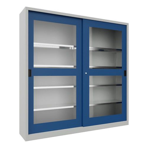 4055479263483 - Schiebetürenschrank Höhe 1950 mm Sichtfenstertüren BxT 2000 x 400 mm mit Trennwand und 2 x 4 Fachböden Tür enzianblau kaiserkraft