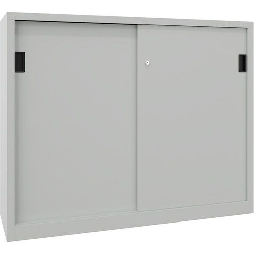 4055955112427 - Schwerlast-Schiebetürenschrank Höhe 1200 mm Vollblechtüren BxT 1500 x 600 mm mit Trennwand und 2 x 2 Fachböden Tür lichtgrau kaiserkraft