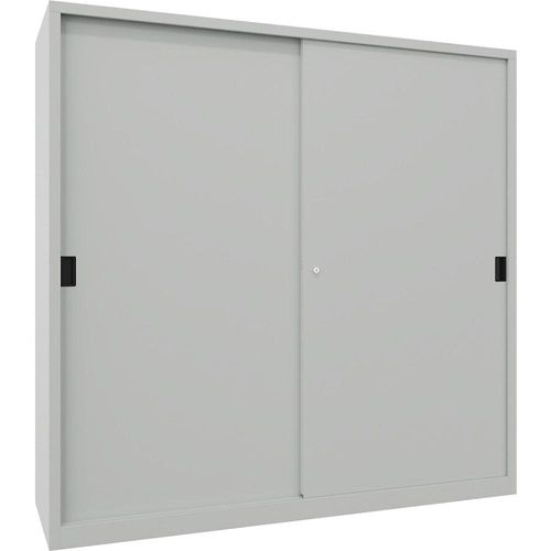 4055955117439 - Schwerlast-Schiebetürenschrank Höhe 1950 mm Vollblechtüren BxT 2000 x 600 mm mit Trennwand und 2 x 4 Fachböden Tür lichtgrau kaiserkraft