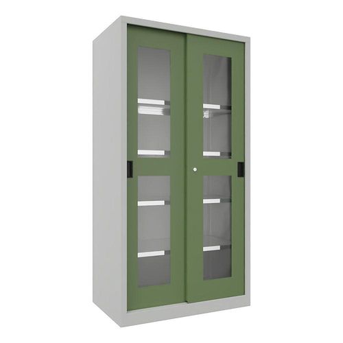 4055479251992 - Schiebetürenschrank Höhe 1950 mm Sichtfenstertüren BxT 1000 x 600 mm mit 4 Fachböden Tür resedagrün kaiserkraft