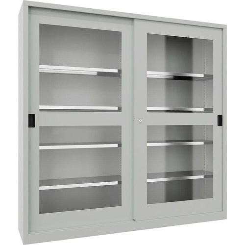 4055479002679 - Schiebetürenschrank Höhe 1950 mm Sichtfenstertüren BxT 2000 x 400 mm mit Trennwand und 2 x 4 Fachböden Tür lichtgrau kaiserkraft