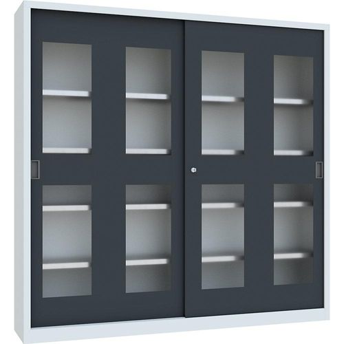 4055479263520 - Schiebetürenschrank Höhe 1950 mm Sichtfenstertüren BxT 2000 x 400 mm mit Trennwand und 2 x 4 Fachböden Tür anthrazit kaiserkraft