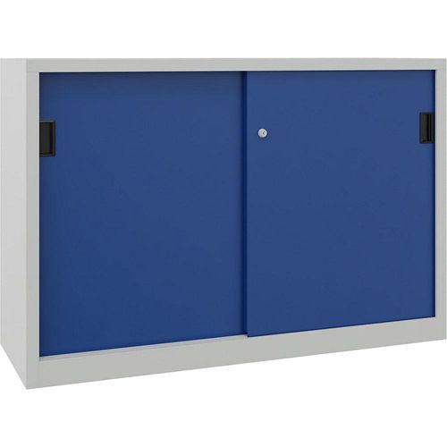 4055479204424 - Schiebetürenschrank Höhe 1000 mm Vollblechtüren BxT 1500 x 500 mm mit Trennwand und 2 x 2 Fachböden Tür enzianblau kaiserkraft