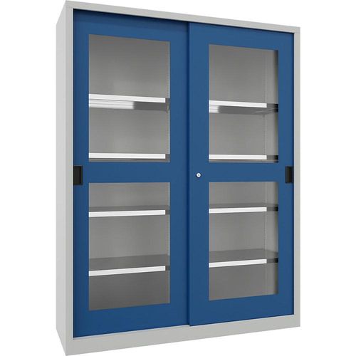 4055479257703 - Schiebetürenschrank Höhe 1950 mm Sichtfenstertüren BxT 1500 x 500 mm mit Trennwand und 2 x 4 Fachböden Tür enzianblau kaiserkraft